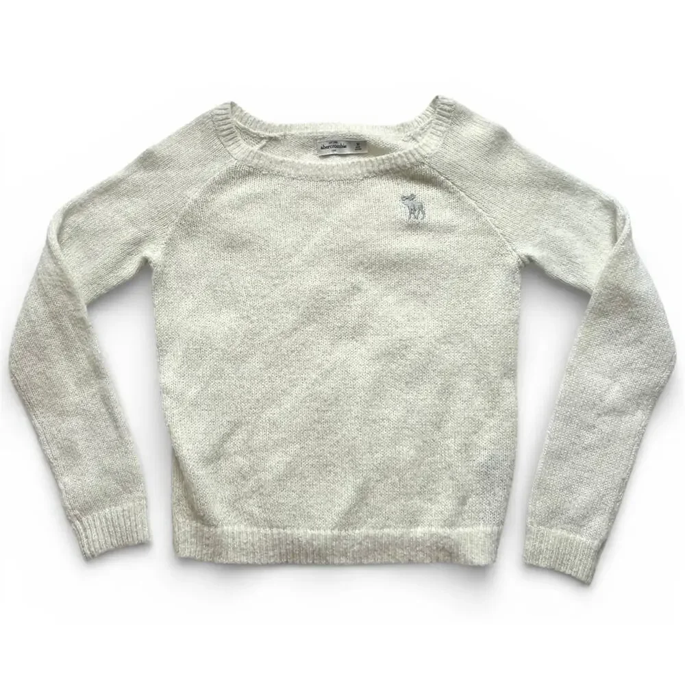 Abercrombie Kids Girls White Wool Blend Sweater Size Medium Moose logo